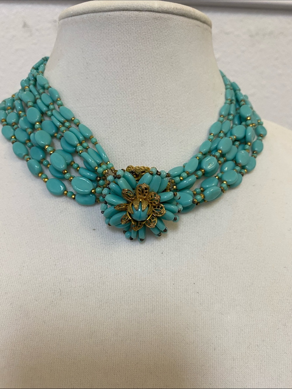 Miriam Haskell signed Turquoise glass bead necklace mint condition